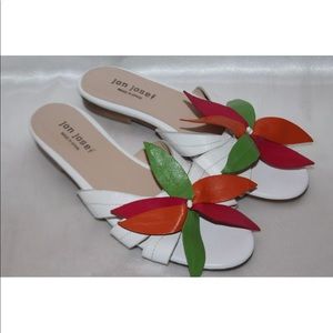 Jon Joseph White leather flower slides